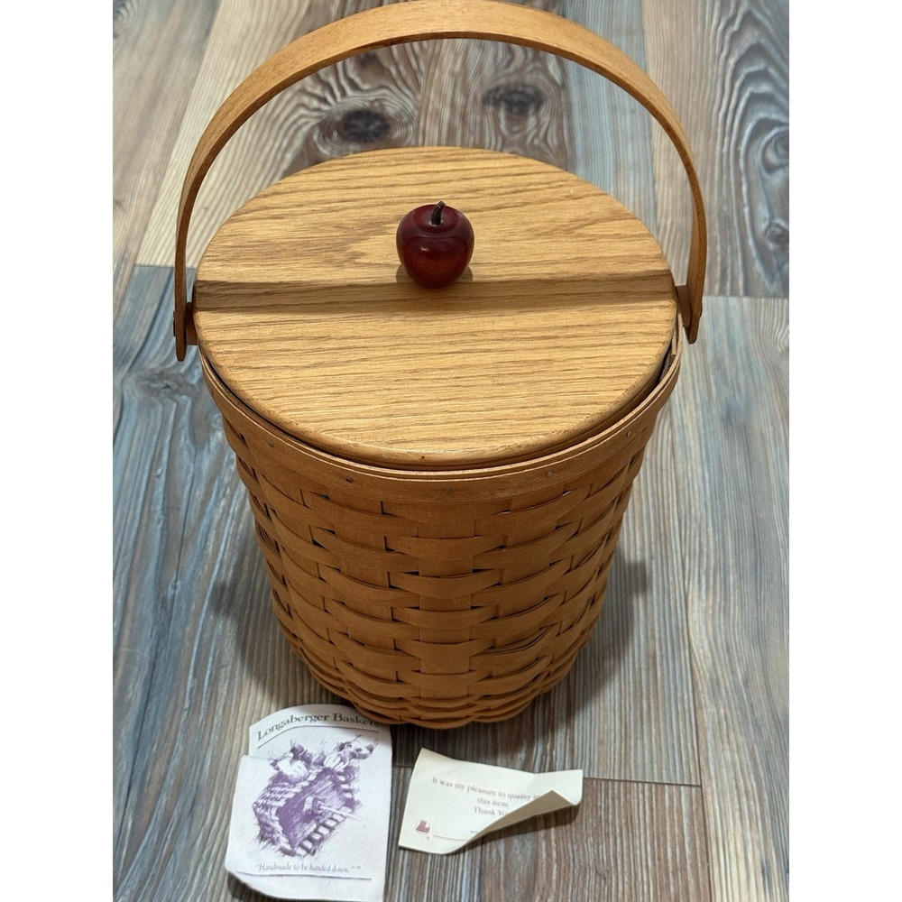 Longaberger Tall Fruit Basket 13307 With Apple Lid &Liner 1994 9x8.25"